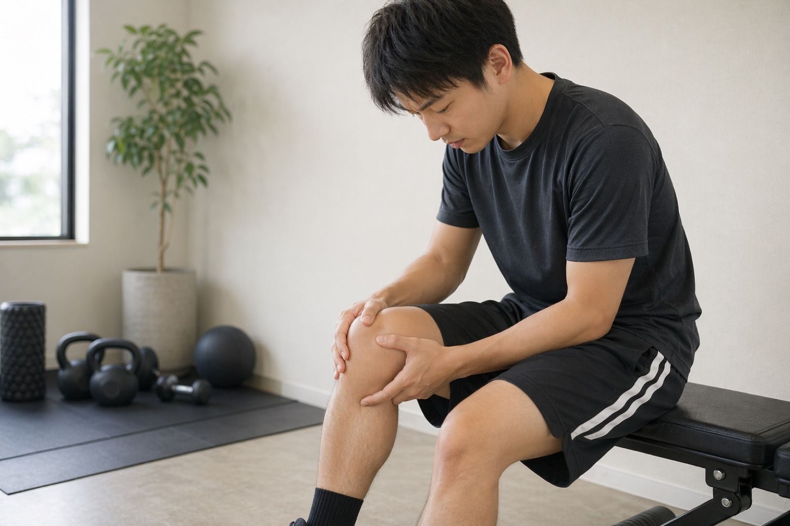 膝まわりを気にするアスリートのイメージ