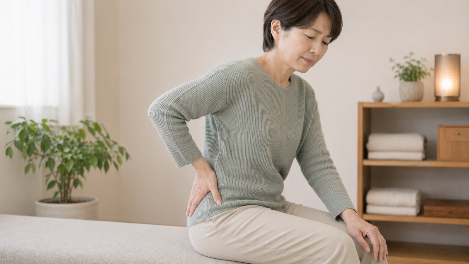 お尻から脚にかけての違和感を気にする女性のイメージ